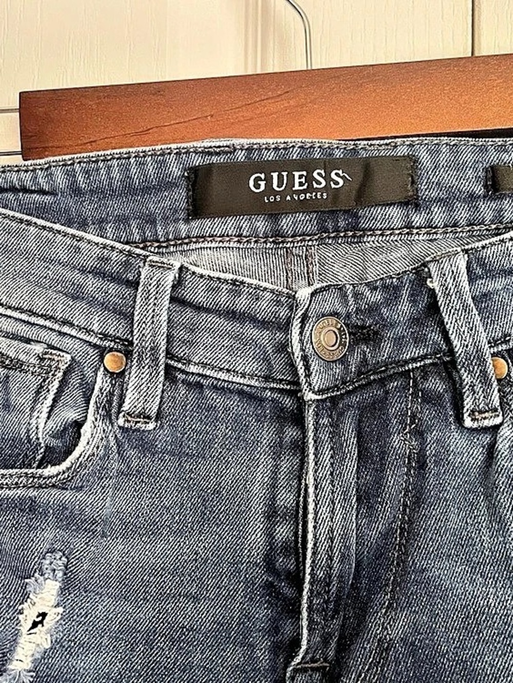 GUESS Slim Taper Distressed Moto Style Jeans, Blue, Size 30 - Picture 3 of 4